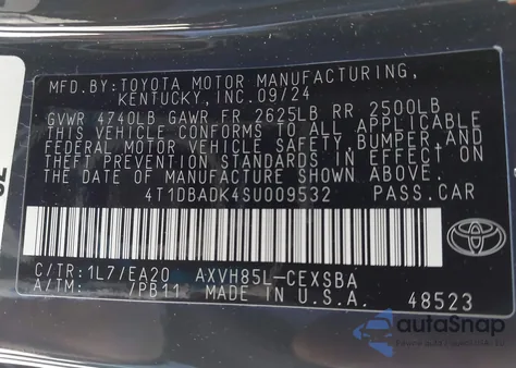 2025 Toyota Camry Se from USA, damaged, VIN 4T1DBADK4SU009532